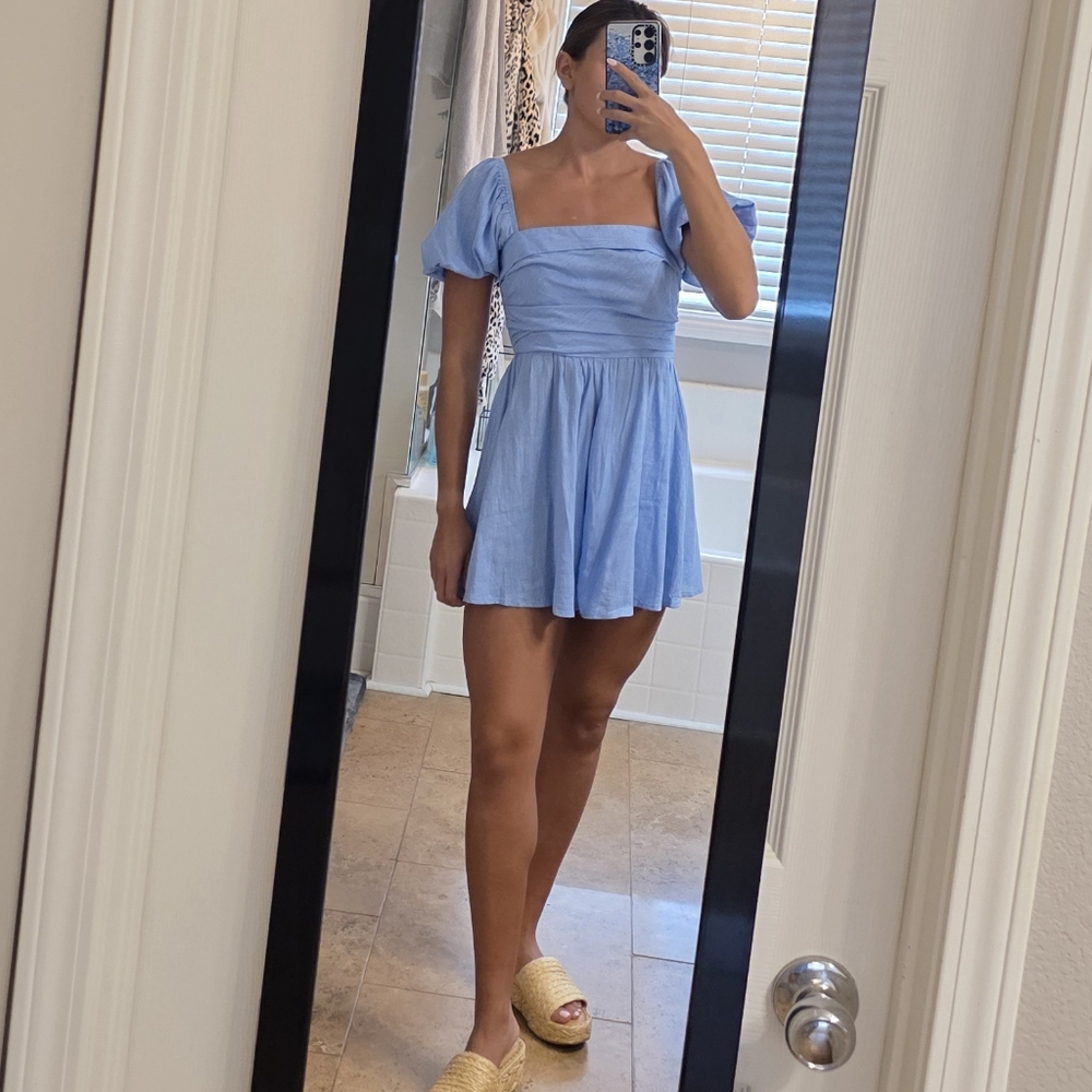 Blue Puff Sleeve Mini Sundress